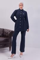 Tesettür giyim LACİVERT KUŞAKLI ÇİZGİLİ PANTOLONLU TAKIM T 8783