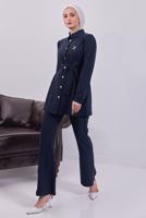 Tesettür giyim LACİVERT KUŞAKLI ÇİZGİLİ PANTOLONLU TAKIM T 8783