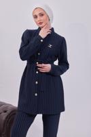 Tesettür giyim LACİVERT KUŞAKLI ÇİZGİLİ PANTOLONLU TAKIM T 8783