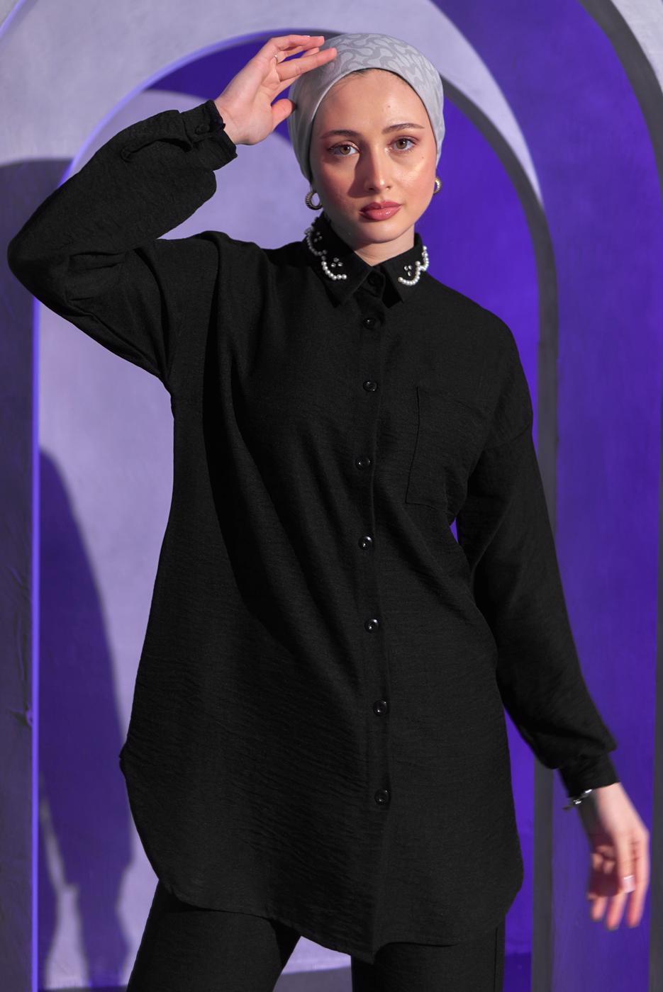 Tesettür giyim SİYAH BONCUK DETAYLI PANTOLONLU TAKIM T 9093