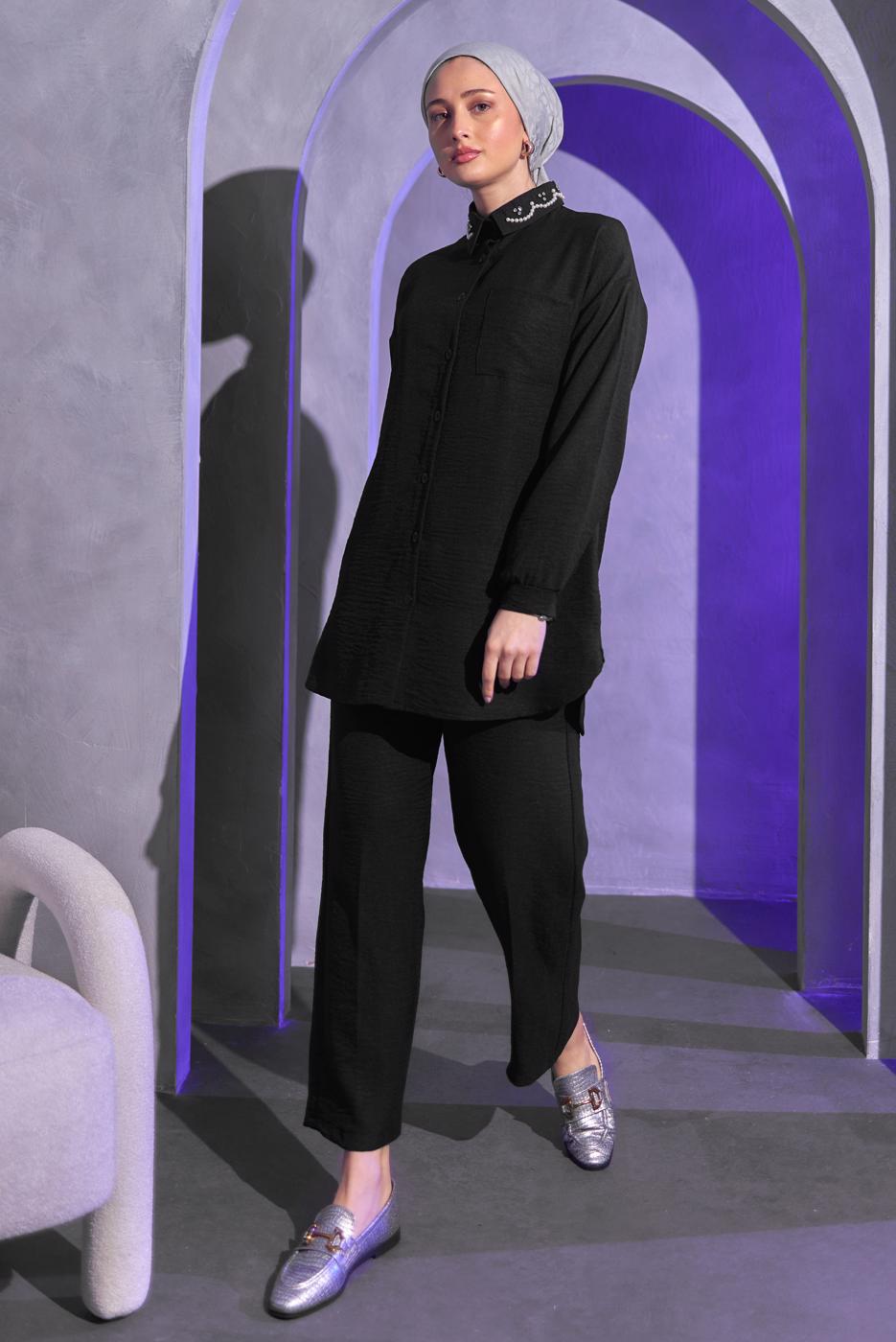Tesettür giyim SİYAH BONCUK DETAYLI PANTOLONLU TAKIM T 9093