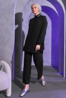 Tesettür giyim SİYAH BONCUK DETAYLI PANTOLONLU TAKIM T 9093