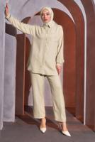 Tesettür giyim BEJ BONCUK DETAYLI PANTOLONLU TAKIM T 9093