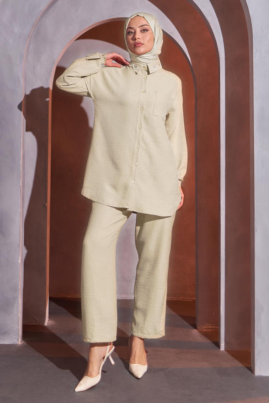 Tesettür giyim BEJ BONCUK DETAYLI PANTOLONLU TAKIM T 9093