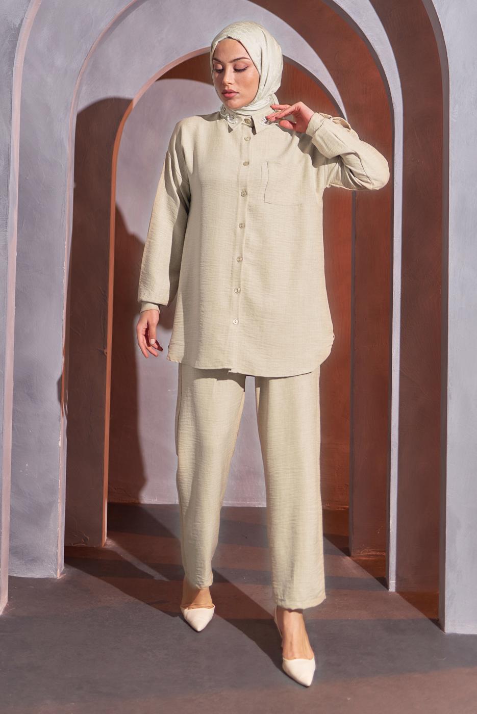 Tesettür giyim BEJ BONCUK DETAYLI PANTOLONLU TAKIM T 9093