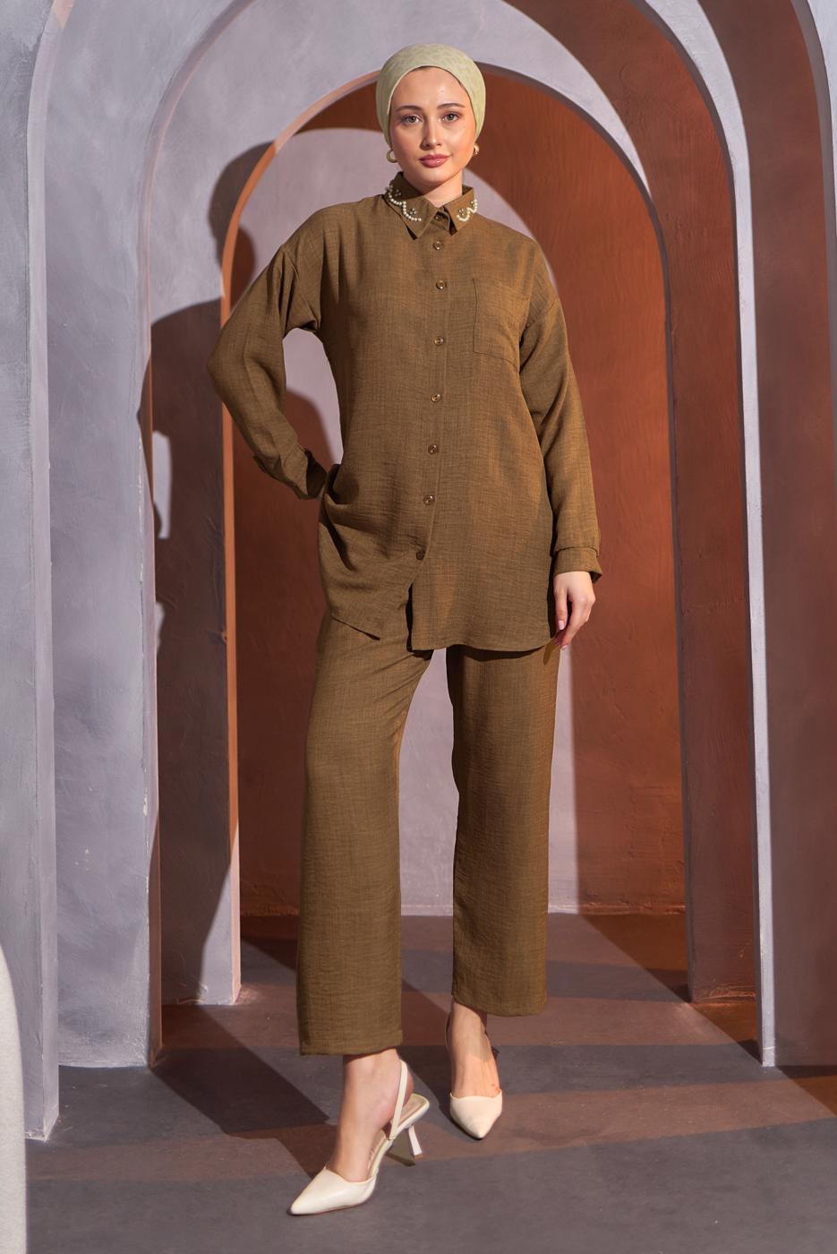Tesettür giyim KAHVE BONCUK DETAYLI PANTOLONLU TAKIM T 9093