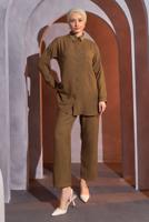 Tesettür giyim KAHVE BONCUK DETAYLI PANTOLONLU TAKIM T 9093