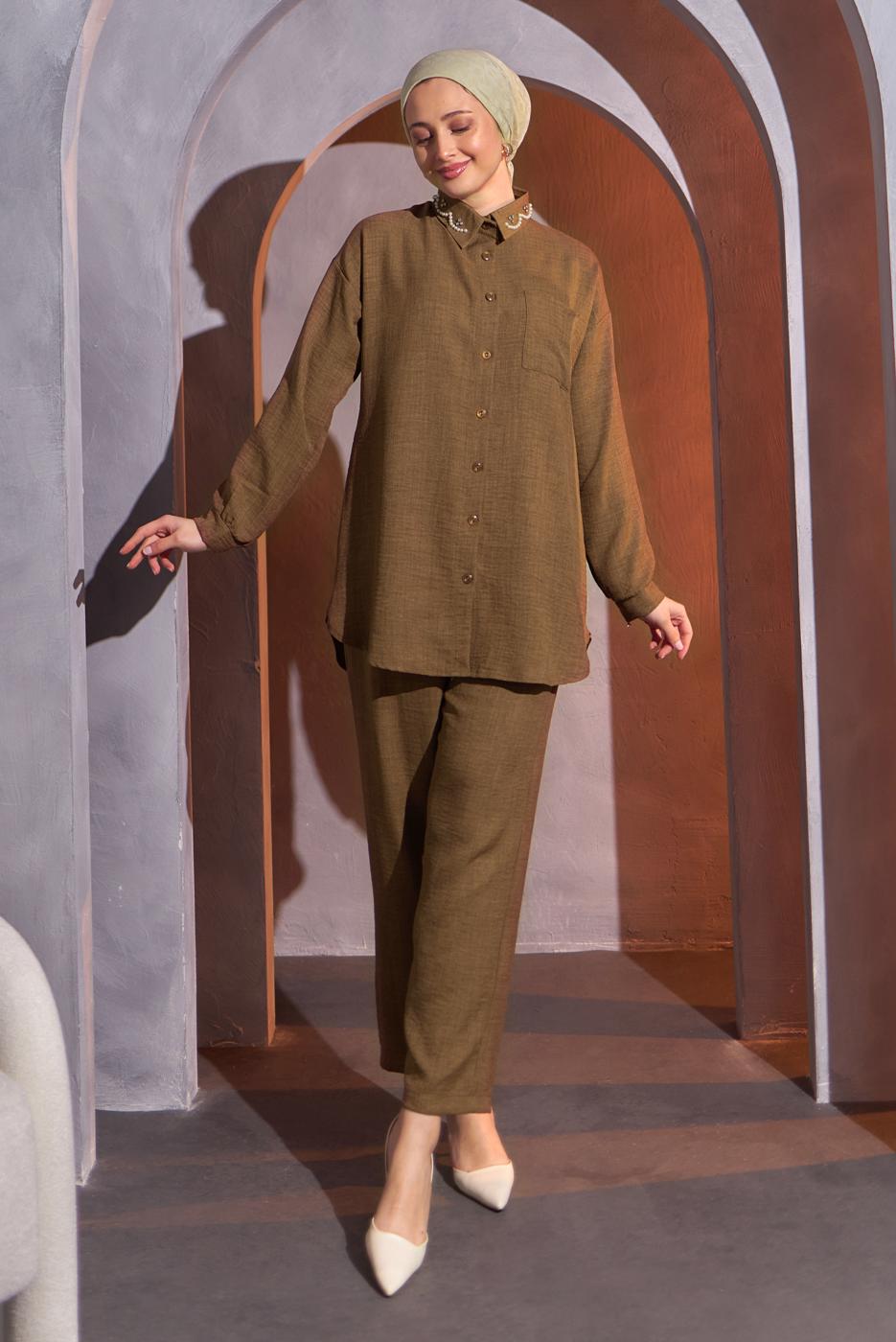 Tesettür giyim KAHVE BONCUK DETAYLI PANTOLONLU TAKIM T 9093