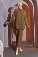 Tesettür giyim KAHVE BONCUK DETAYLI PANTOLONLU TAKIM T 9093