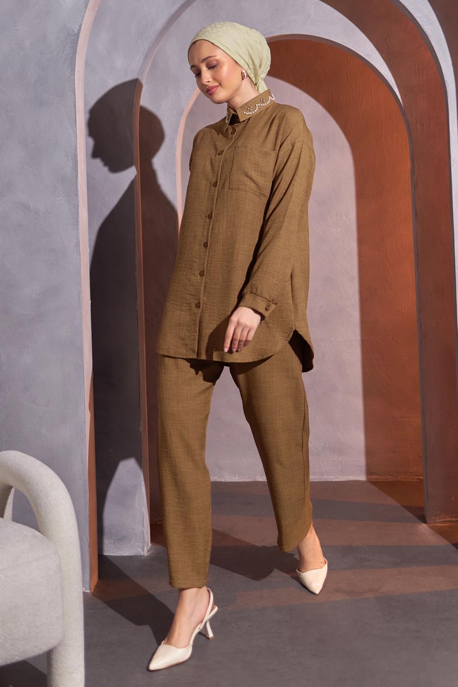 Tesettür giyim KAHVE BONCUK DETAYLI PANTOLONLU TAKIM T 9093