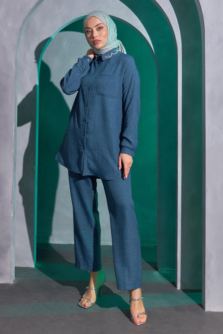 Tesettür giyim LACİVERT BONCUK DETAYLI PANTOLONLU TAKIM T 9093