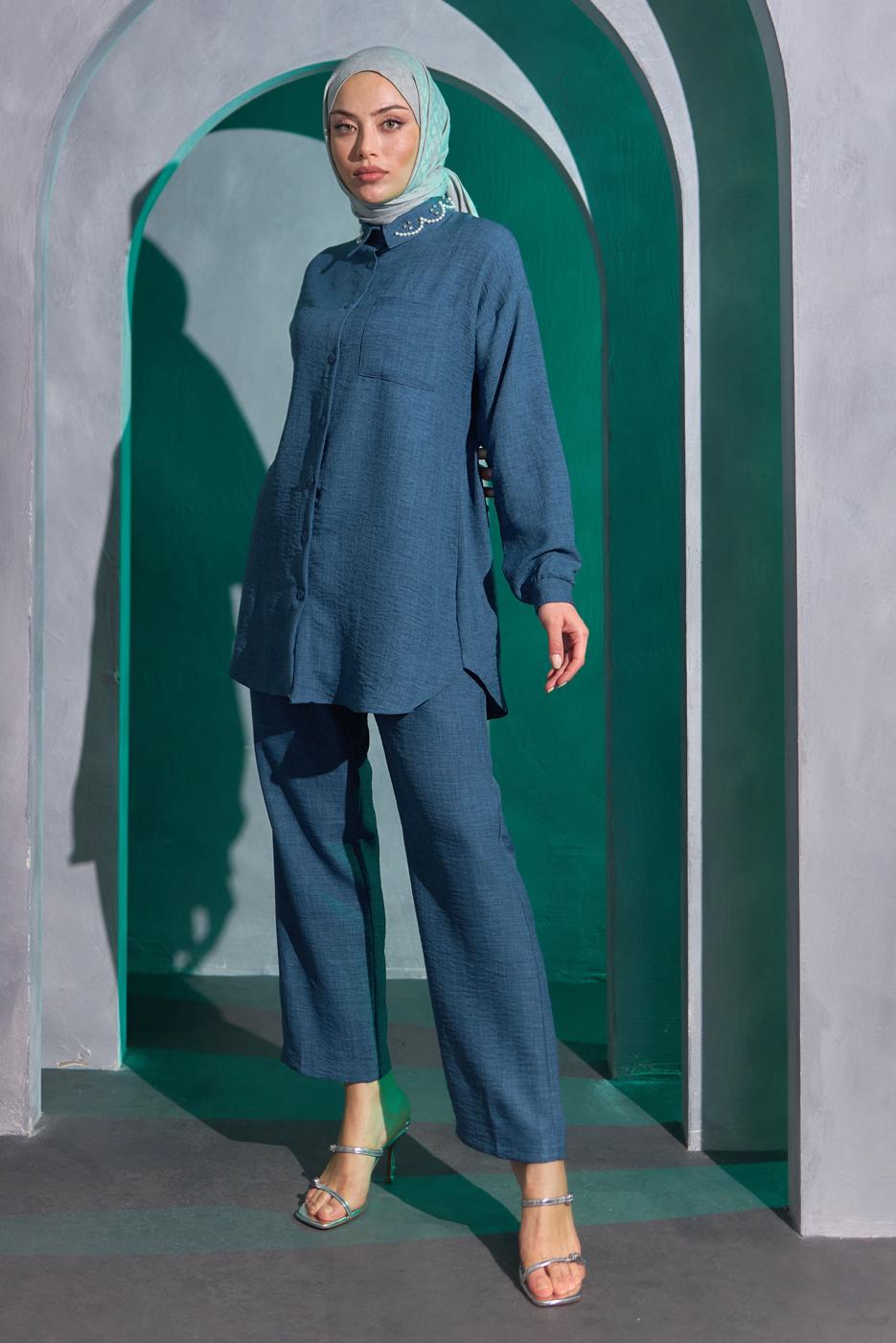 Tesettür giyim LACİVERT BONCUK DETAYLI PANTOLONLU TAKIM T 9093