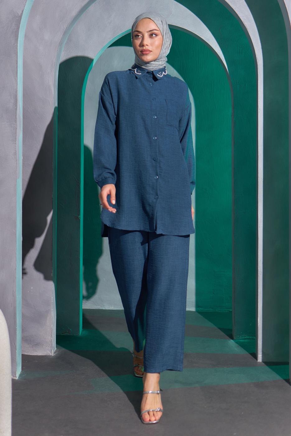 Tesettür giyim LACİVERT BONCUK DETAYLI PANTOLONLU TAKIM T 9093