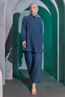Tesettür giyim LACİVERT BONCUK DETAYLI PANTOLONLU TAKIM T 9093