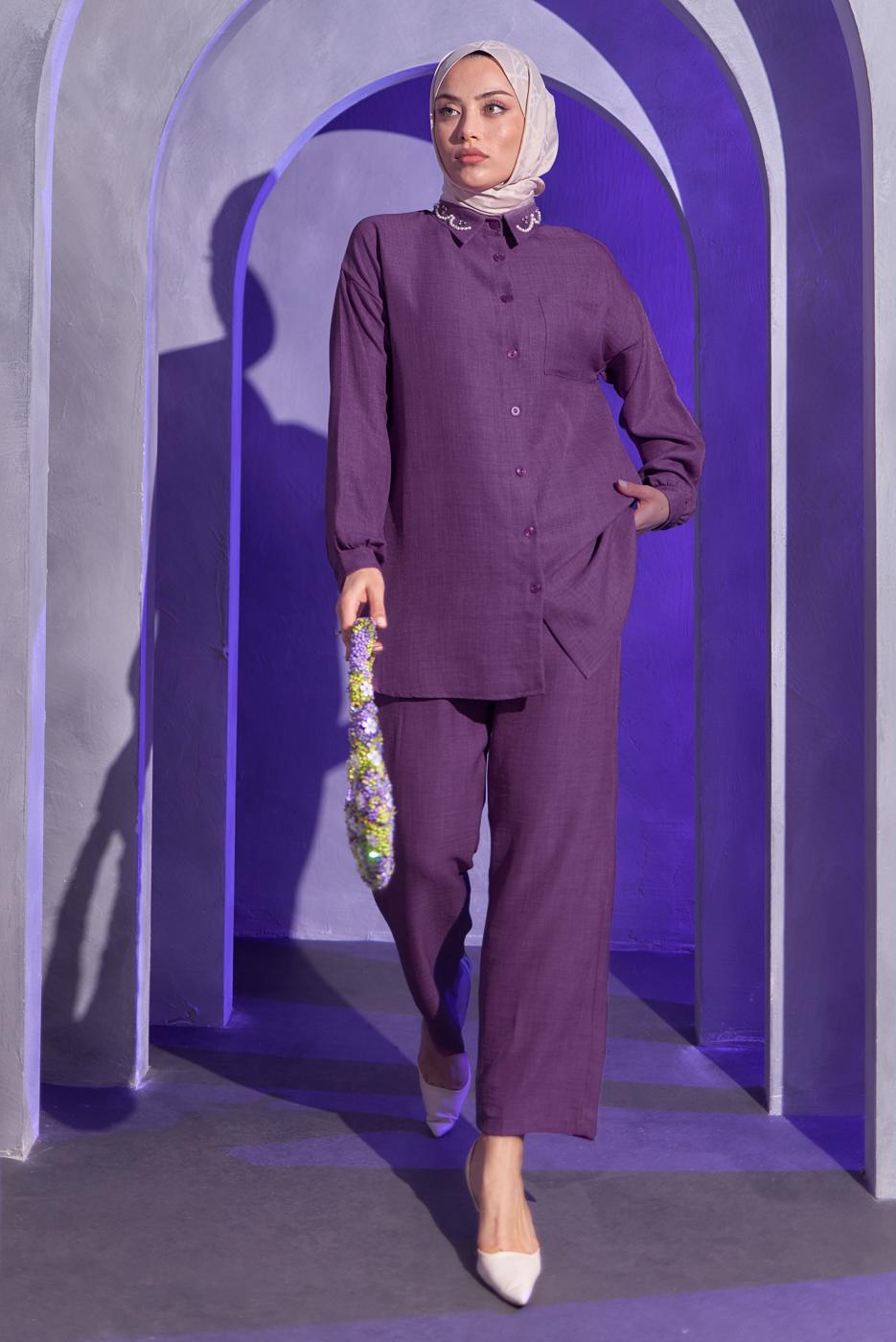 Tesettür giyim MOR BONCUK DETAYLI PANTOLONLU TAKIM T 9093