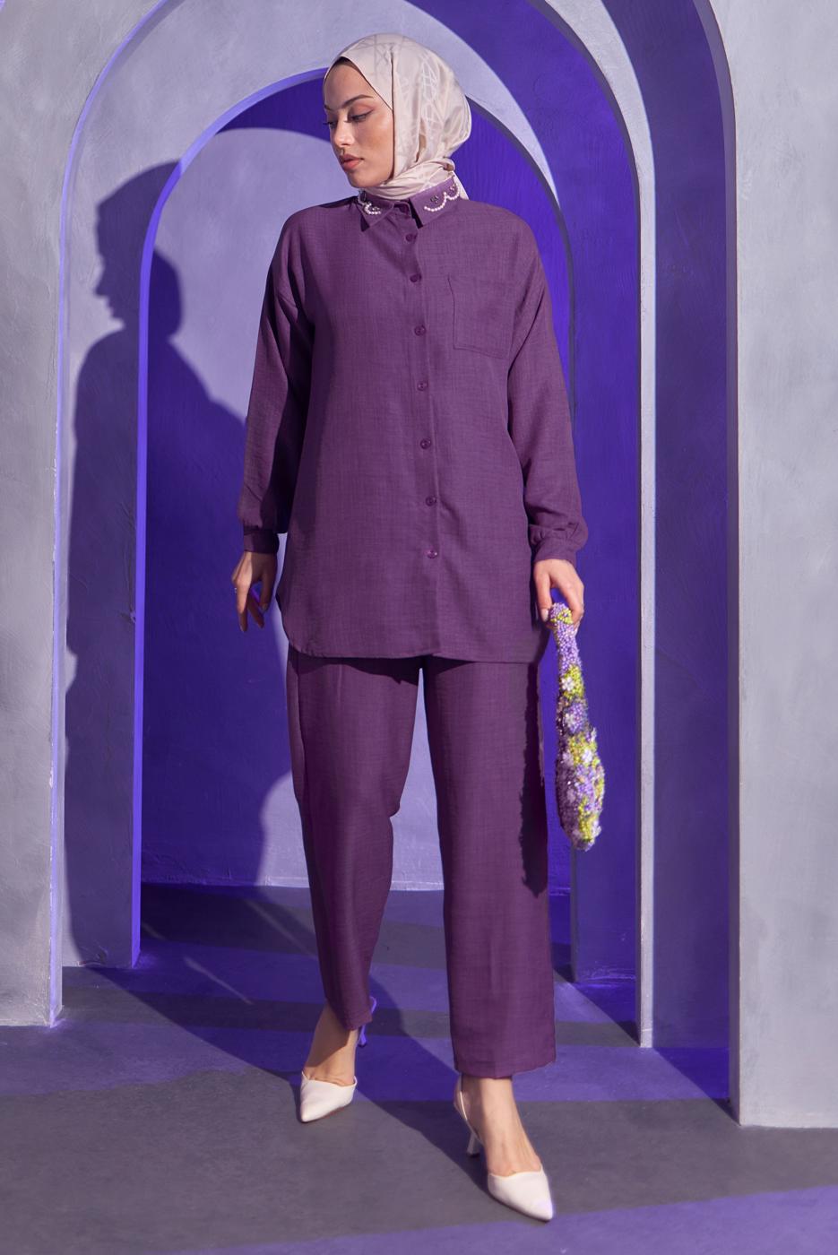 Tesettür giyim MOR BONCUK DETAYLI PANTOLONLU TAKIM T 9093