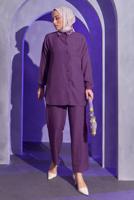 Tesettür giyim MOR BONCUK DETAYLI PANTOLONLU TAKIM T 9093