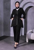 Tesettür giyim SİYAH KAPÜŞONLU PANTOLONLU TAKIM T 9393