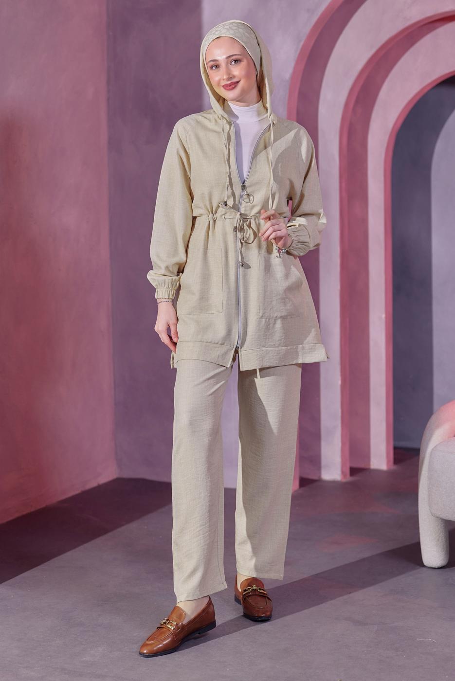 Hijab clothing BEIGE HOODED PANTS SUIT T 9393