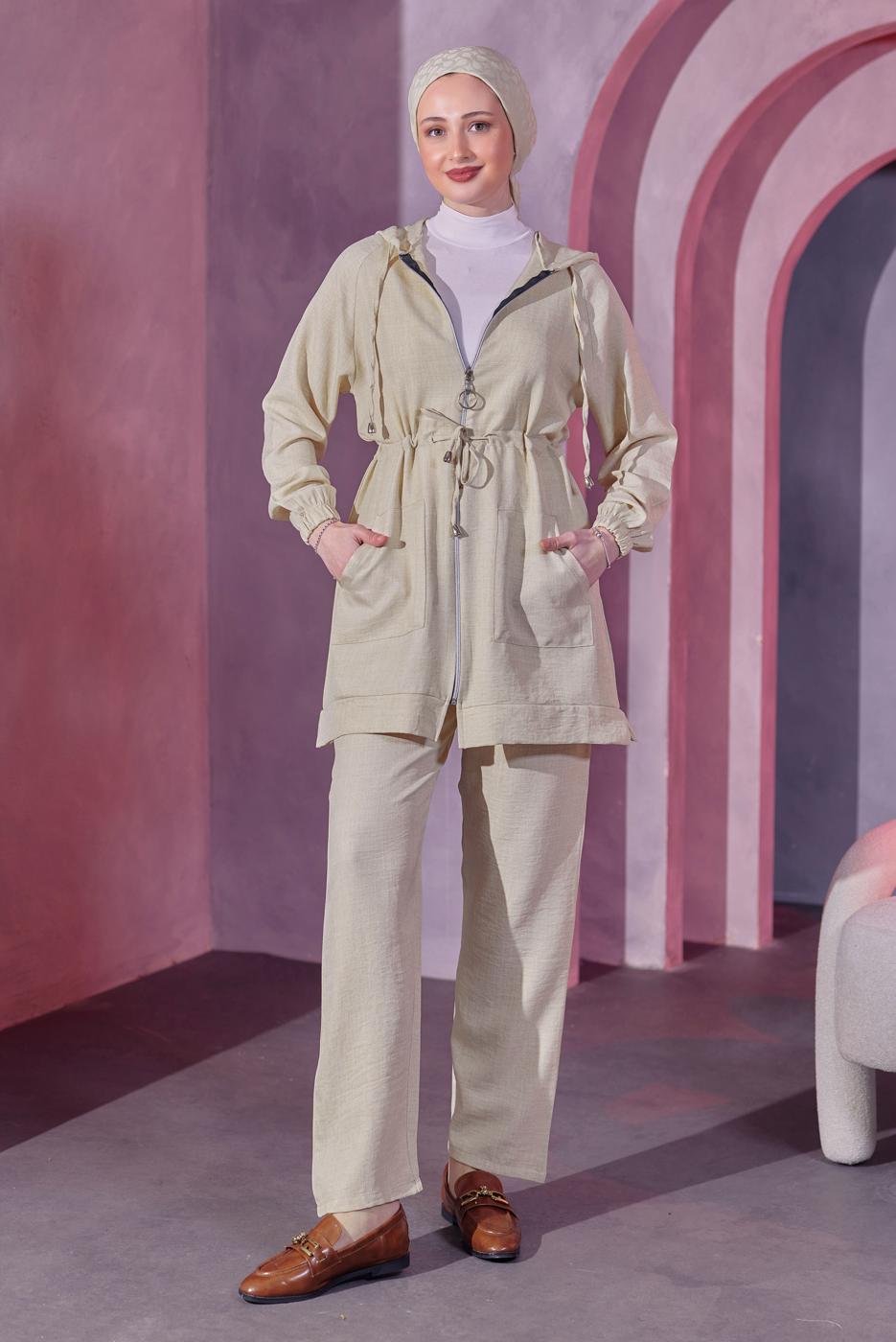 Hijab clothing BEIGE HOODED PANTS SUIT T 9393