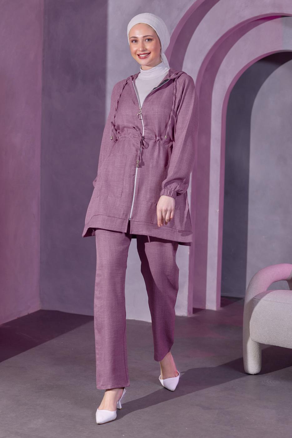 Tesettür giyim MOR KAPÜŞONLU PANTOLONLU TAKIM T 9393