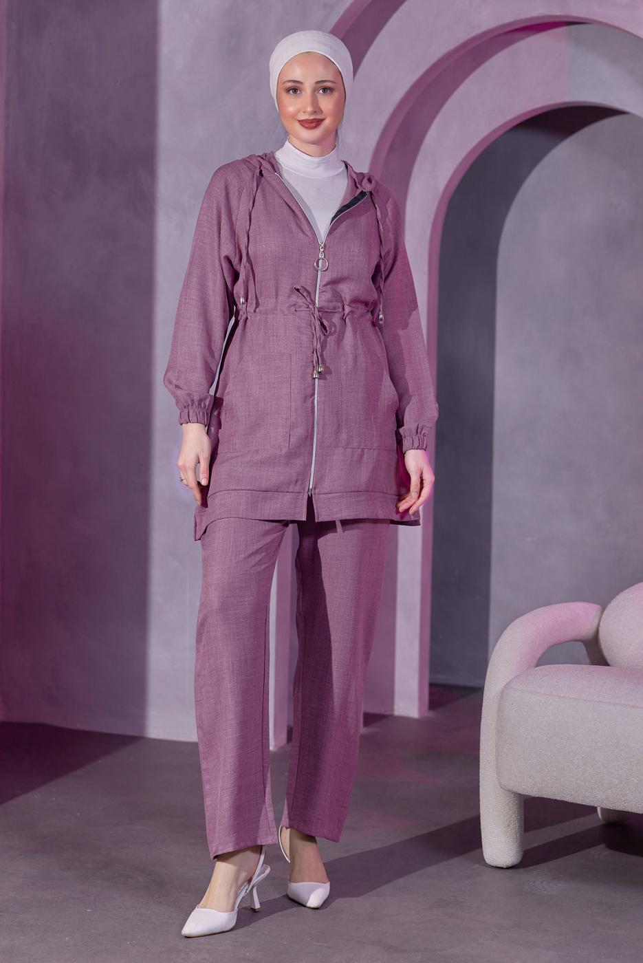Tesettür giyim MOR KAPÜŞONLU PANTOLONLU TAKIM T 9393