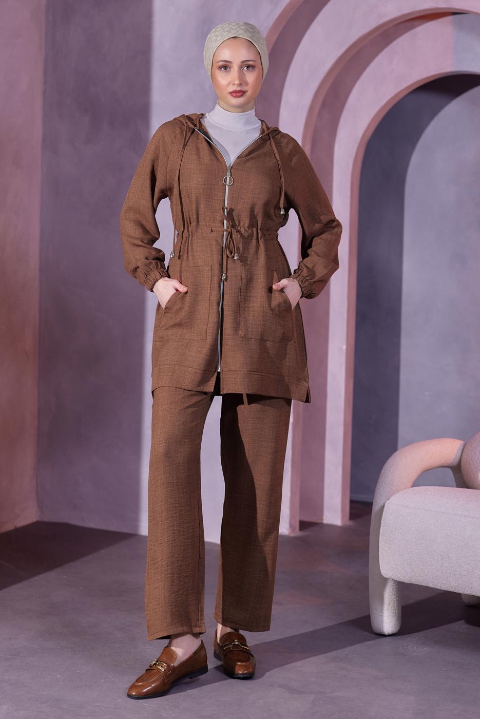 Tesettür giyim KAHVE KAPÜŞONLU PANTOLONLU TAKIM T 9393