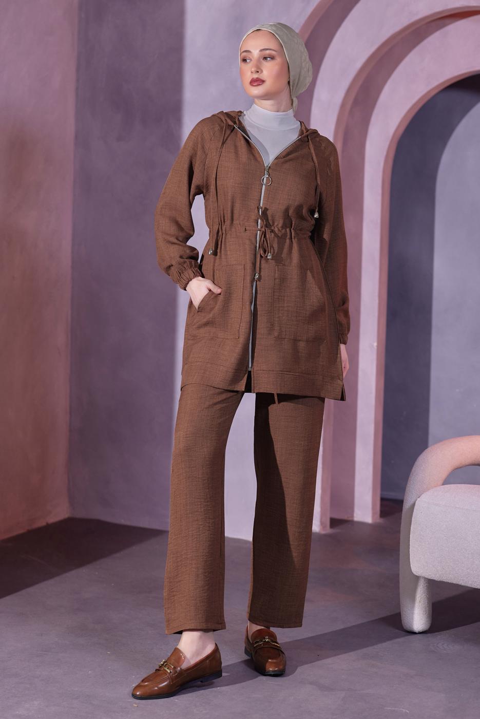 Tesettür giyim KAHVE KAPÜŞONLU PANTOLONLU TAKIM T 9393