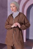 Tesettür giyim KAHVE KAPÜŞONLU PANTOLONLU TAKIM T 9393