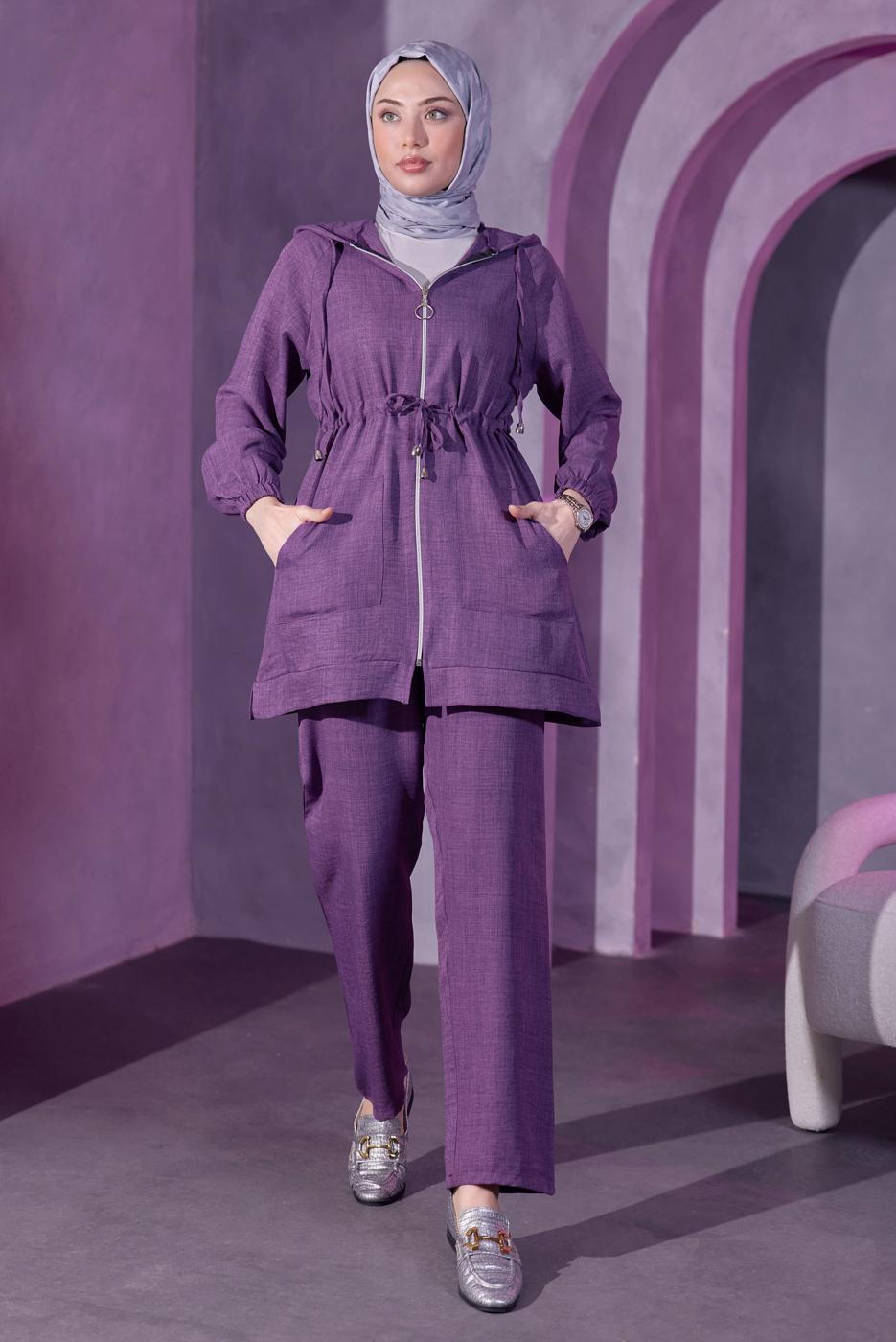Tesettür giyim MOR KAPÜŞONLU PANTOLONLU TAKIM T 9393