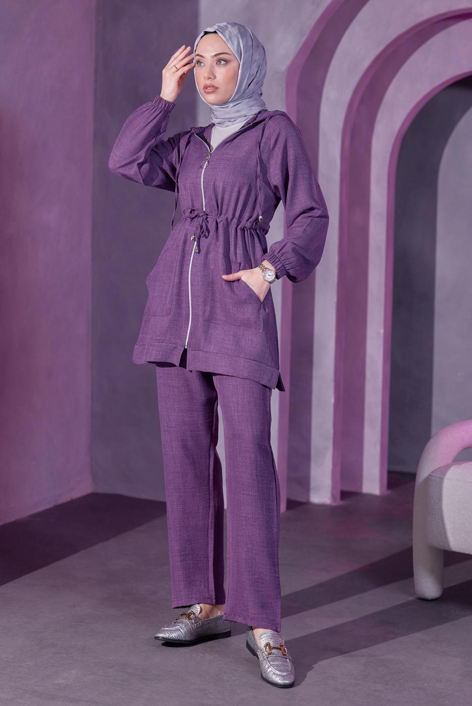Tesettür giyim MOR KAPÜŞONLU PANTOLONLU TAKIM T 9393