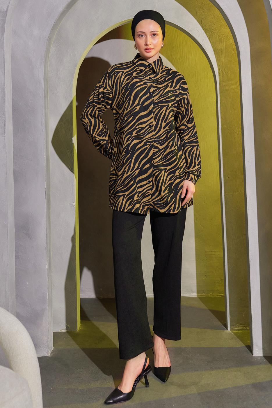 Tesettür giyim KAHVE ZEBRA DESENLİ PANTOLONLU TAKIM T 9693