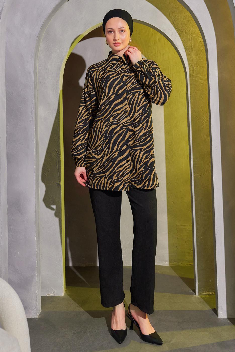 Tesettür giyim KAHVE ZEBRA DESENLİ PANTOLONLU TAKIM T 9693