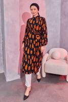 Tesettür giyim SİYAH KUŞAKLI DESENLİ UZUN TUNİK T 6104