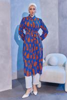 Tesettür giyim LACİVERT KUŞAKLI DESENLİ UZUN TUNİK T 6104