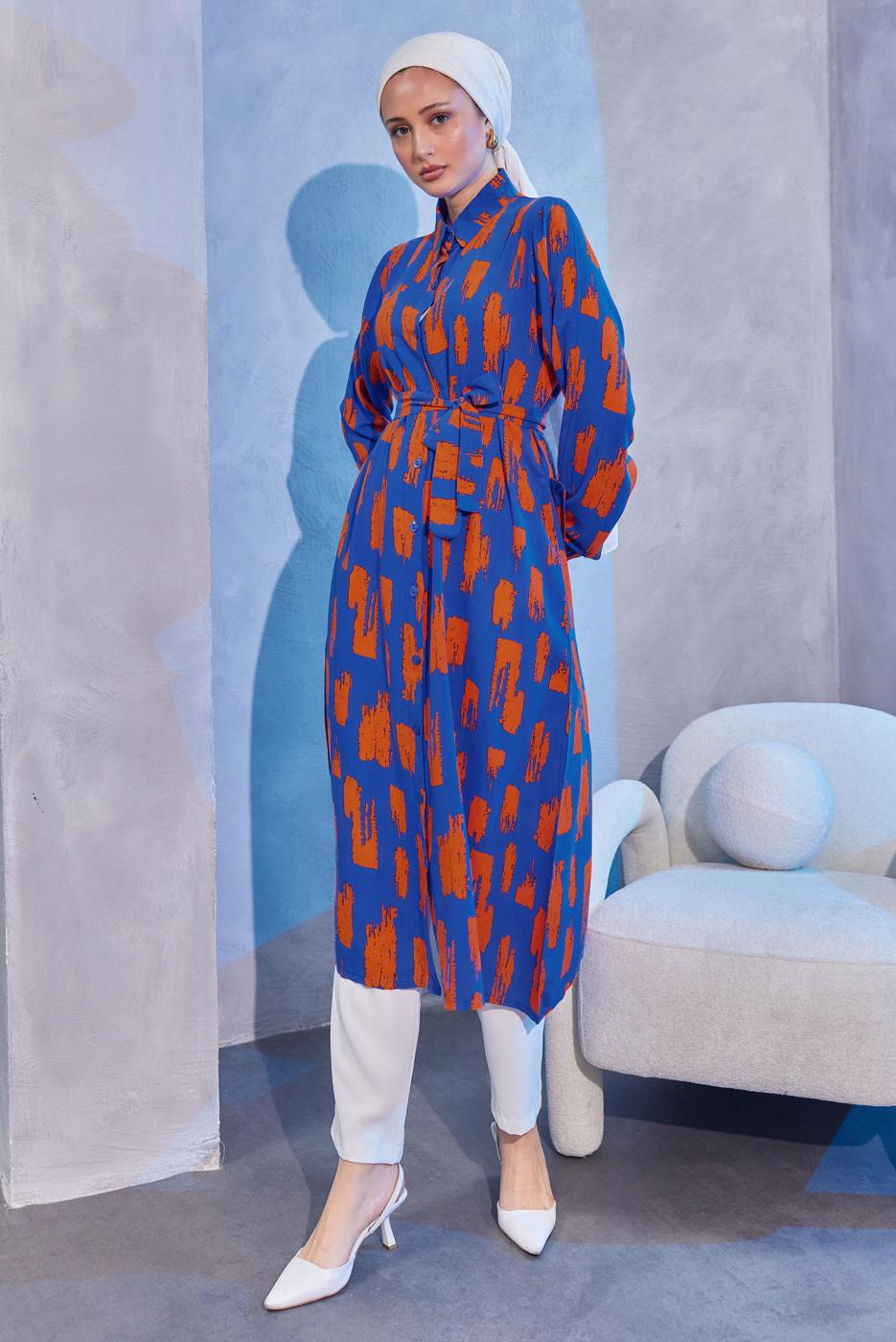 Tesettür giyim LACİVERT KUŞAKLI DESENLİ UZUN TUNİK T 6104