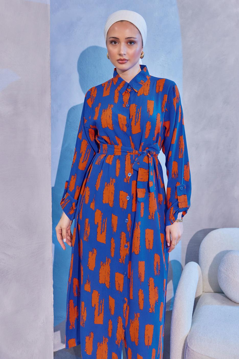 Tesettür giyim LACİVERT KUŞAKLI DESENLİ UZUN TUNİK T 6104