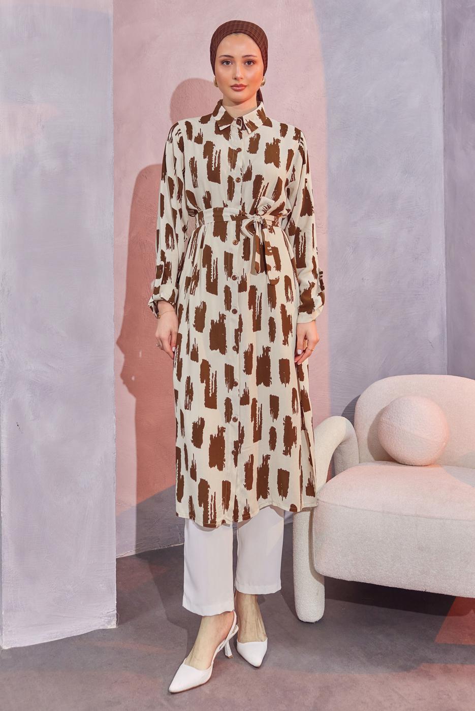 Tesettür giyim VİZON KUŞAKLI DESENLİ UZUN TUNİK T 6104