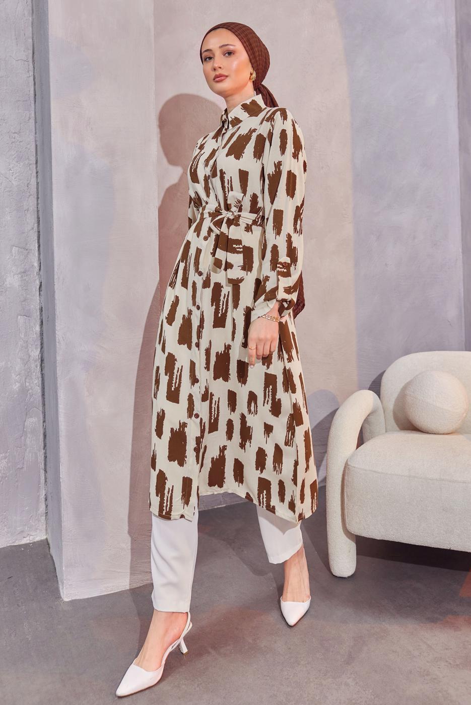 Tesettür giyim VİZON KUŞAKLI DESENLİ UZUN TUNİK T 6104