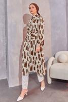 Tesettür giyim VİZON KUŞAKLI DESENLİ UZUN TUNİK T 6104