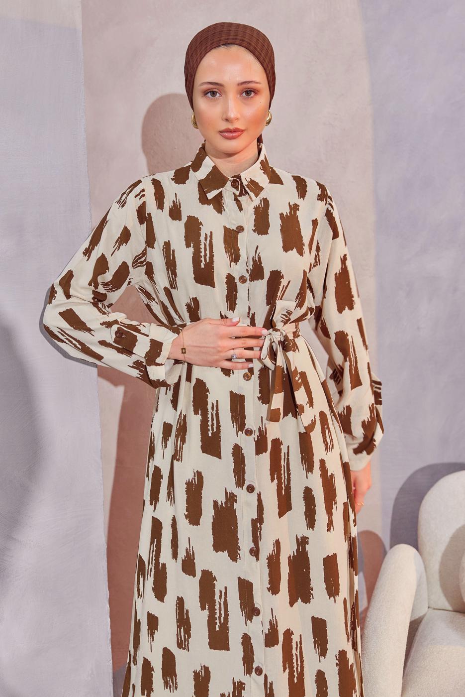 Tesettür giyim VİZON KUŞAKLI DESENLİ UZUN TUNİK T 6104