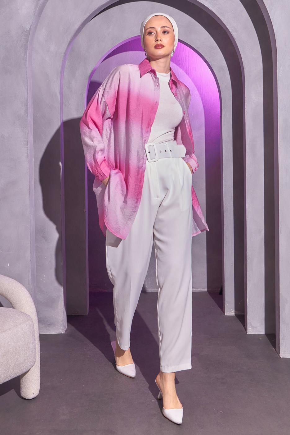 Tesettür giyim PEMBE RENK GEÇİŞLİ GÖMLEK TUNİK T 0514