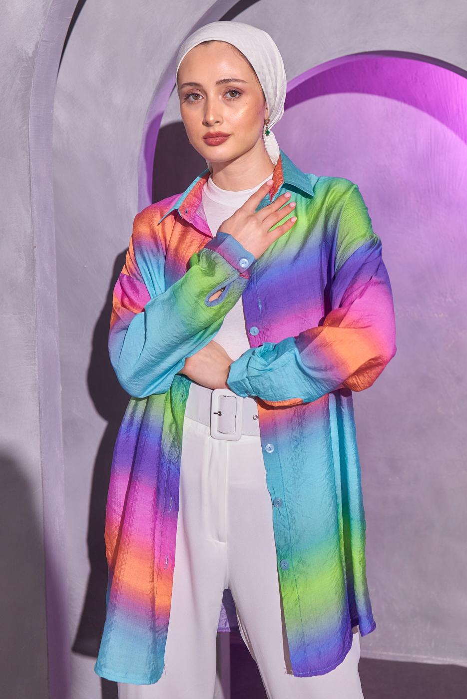 Tesettür giyim ÇOK RENKLİ RENK GEÇİŞLİ GÖMLEK TUNİK T 0514