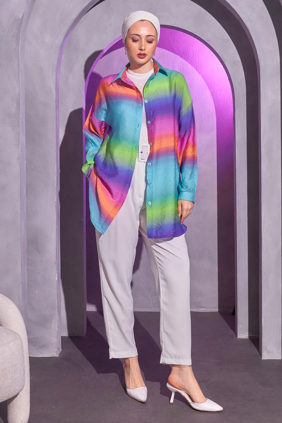 Tesettür giyim ÇOK RENKLİ RENK GEÇİŞLİ GÖMLEK TUNİK T 0514