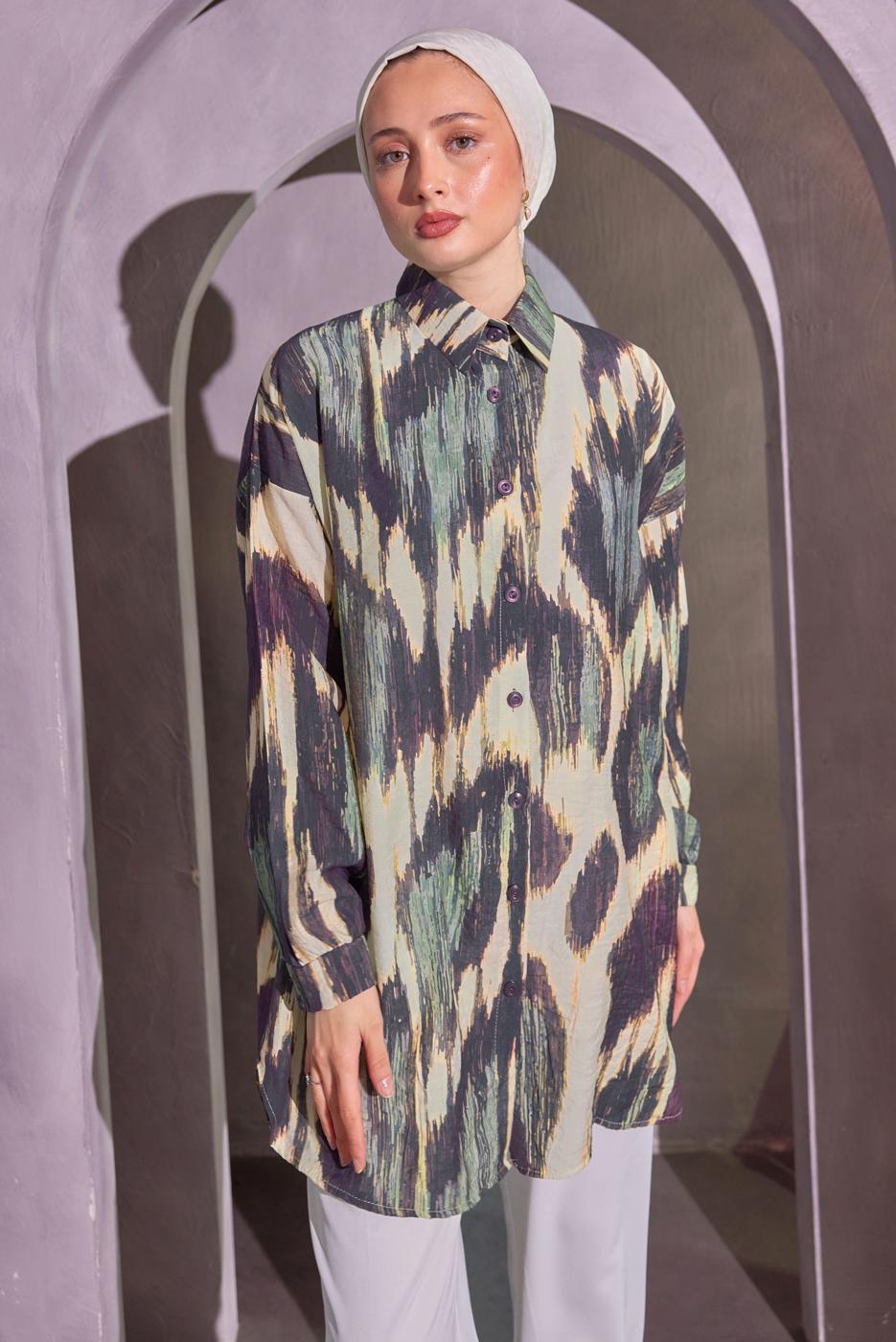 Vêtements hijab BEIGE TUNIQUE CHEMISE À MOTIFS T 0814