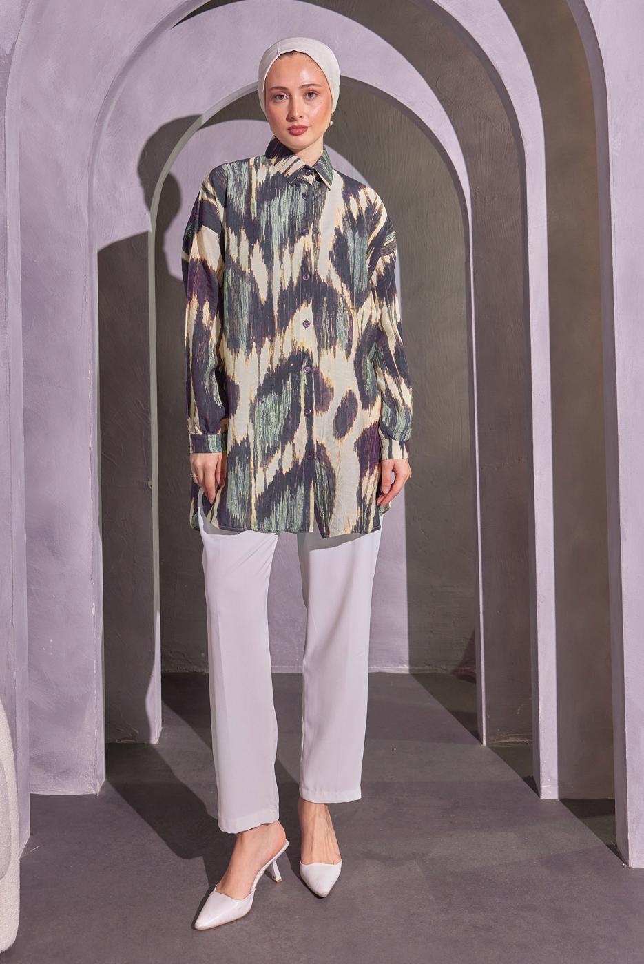 Vêtements hijab BEIGE TUNIQUE CHEMISE À MOTIFS T 0814