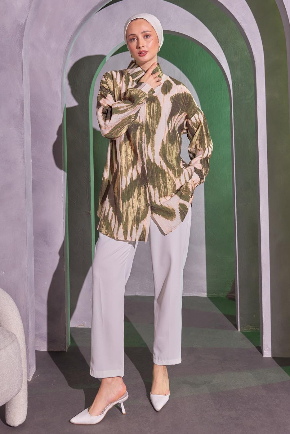 Vêtements hijab KAKI TUNIQUE CHEMISE À MOTIFS T 0814