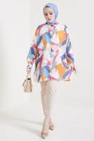 Tesettür giyim MAVİ PAMUKLU DESENLİ GÖMLEK TUNİK T 0888-3