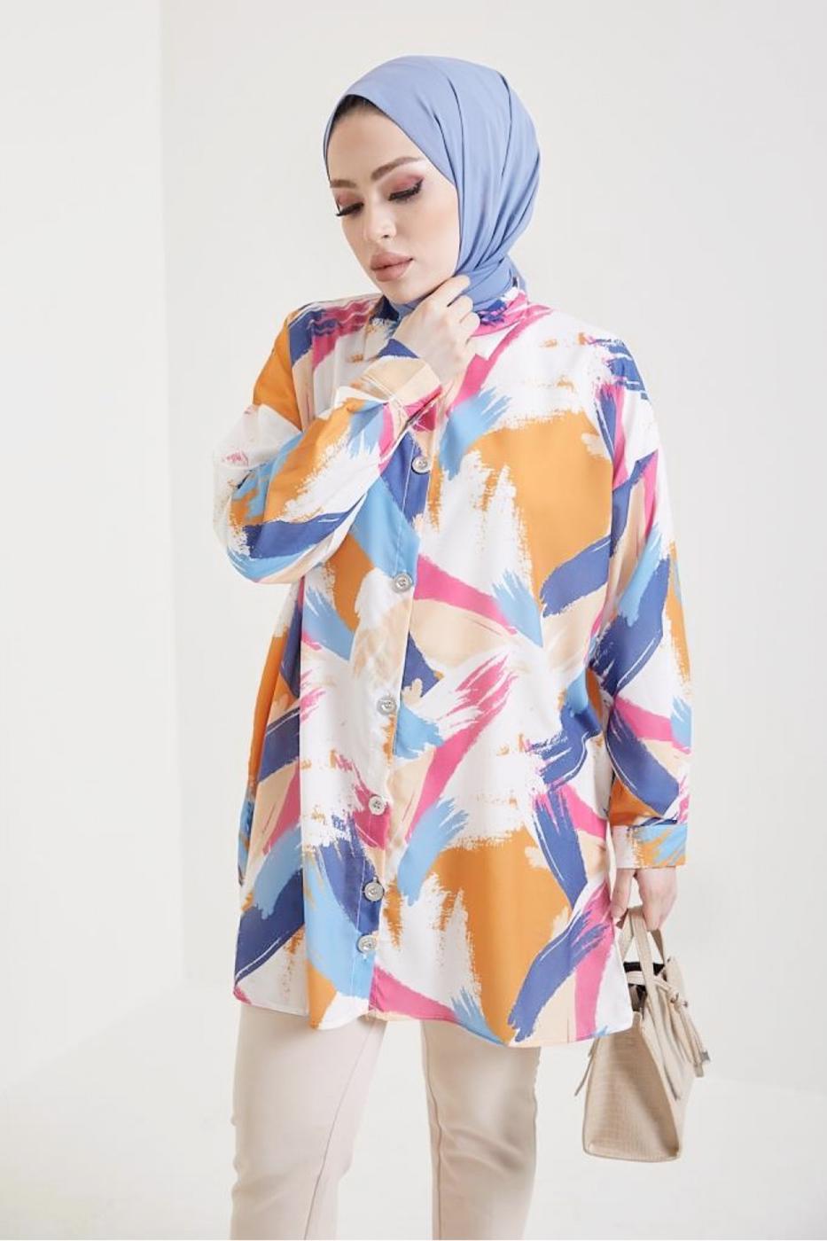 Tesettür giyim MAVİ PAMUKLU DESENLİ GÖMLEK TUNİK T 0888-3