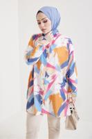 Tesettür giyim MAVİ PAMUKLU DESENLİ GÖMLEK TUNİK T 0888-3